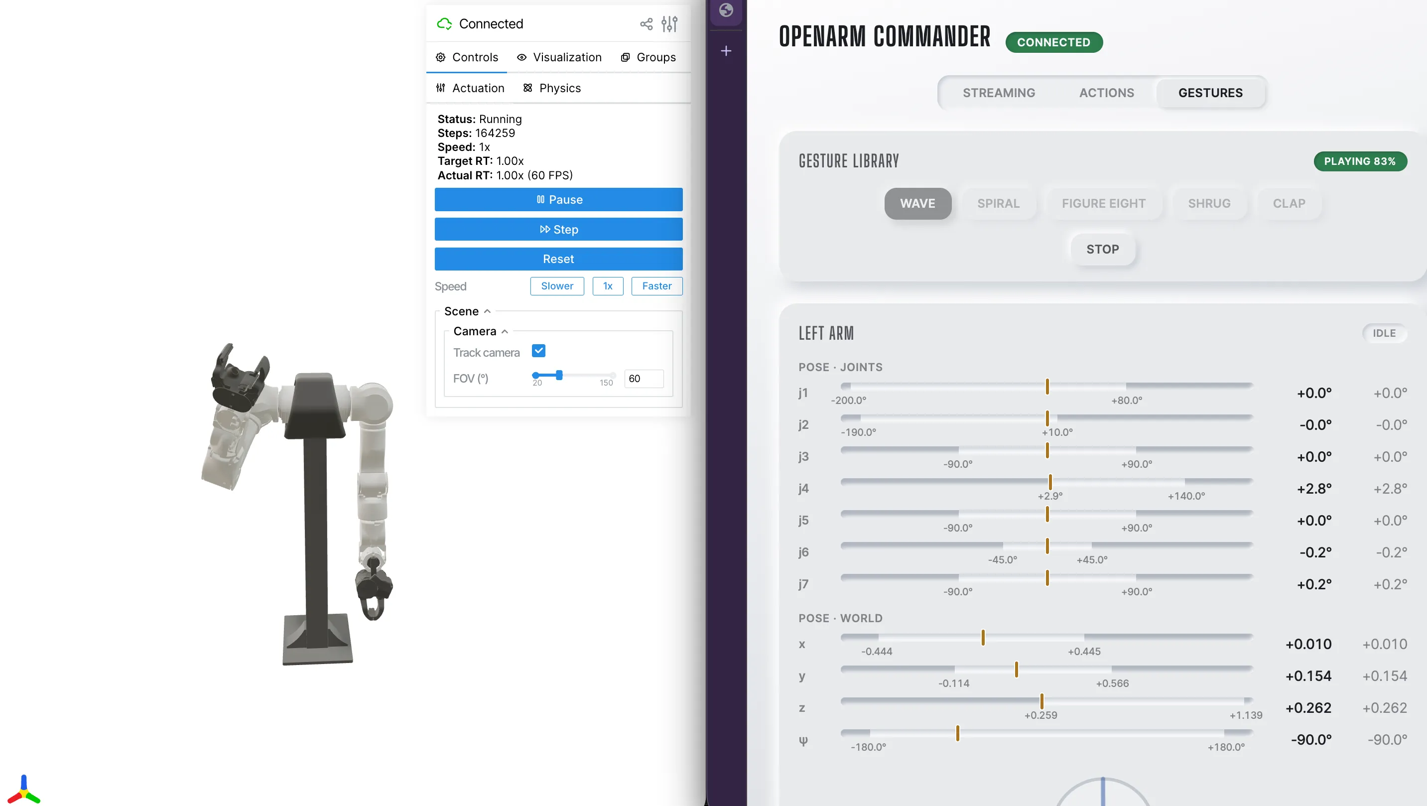 The MuJoCo viewer showing the simulated bimanual OpenArm, next to the openarm_commander panel playing the wave gesture